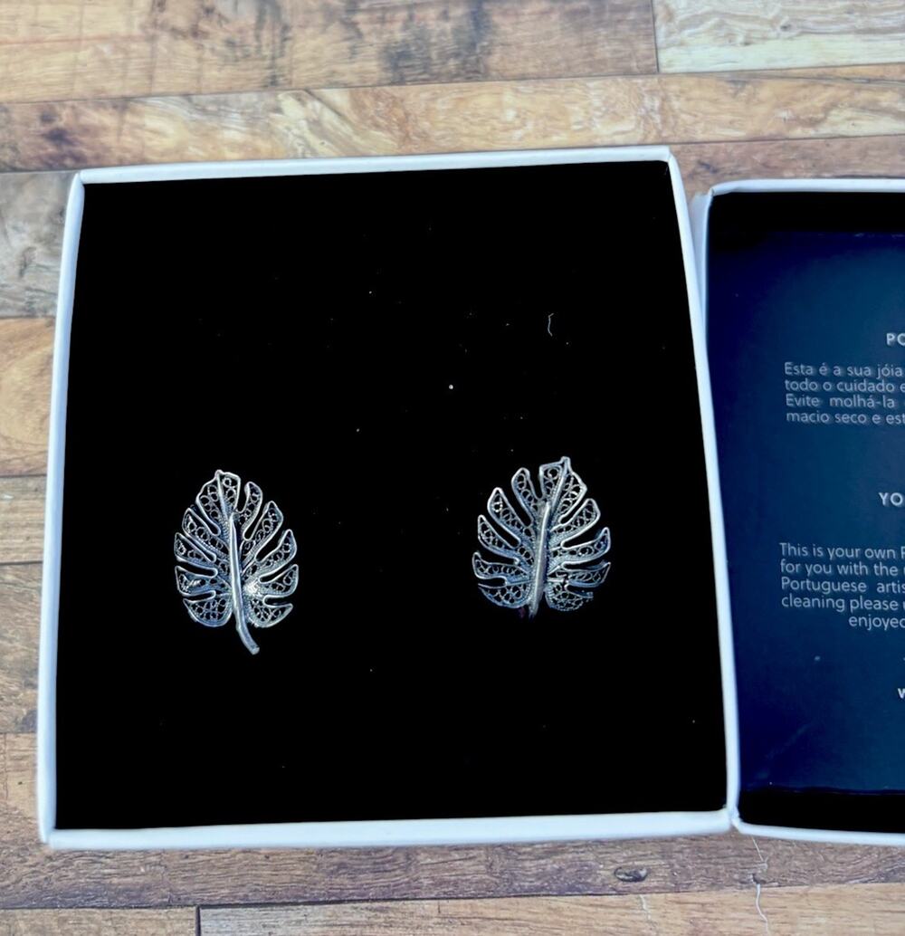 Portugal Jewels Sterling Silver Monstera Leaf Filigree Earrings New Box 2.77 Grm